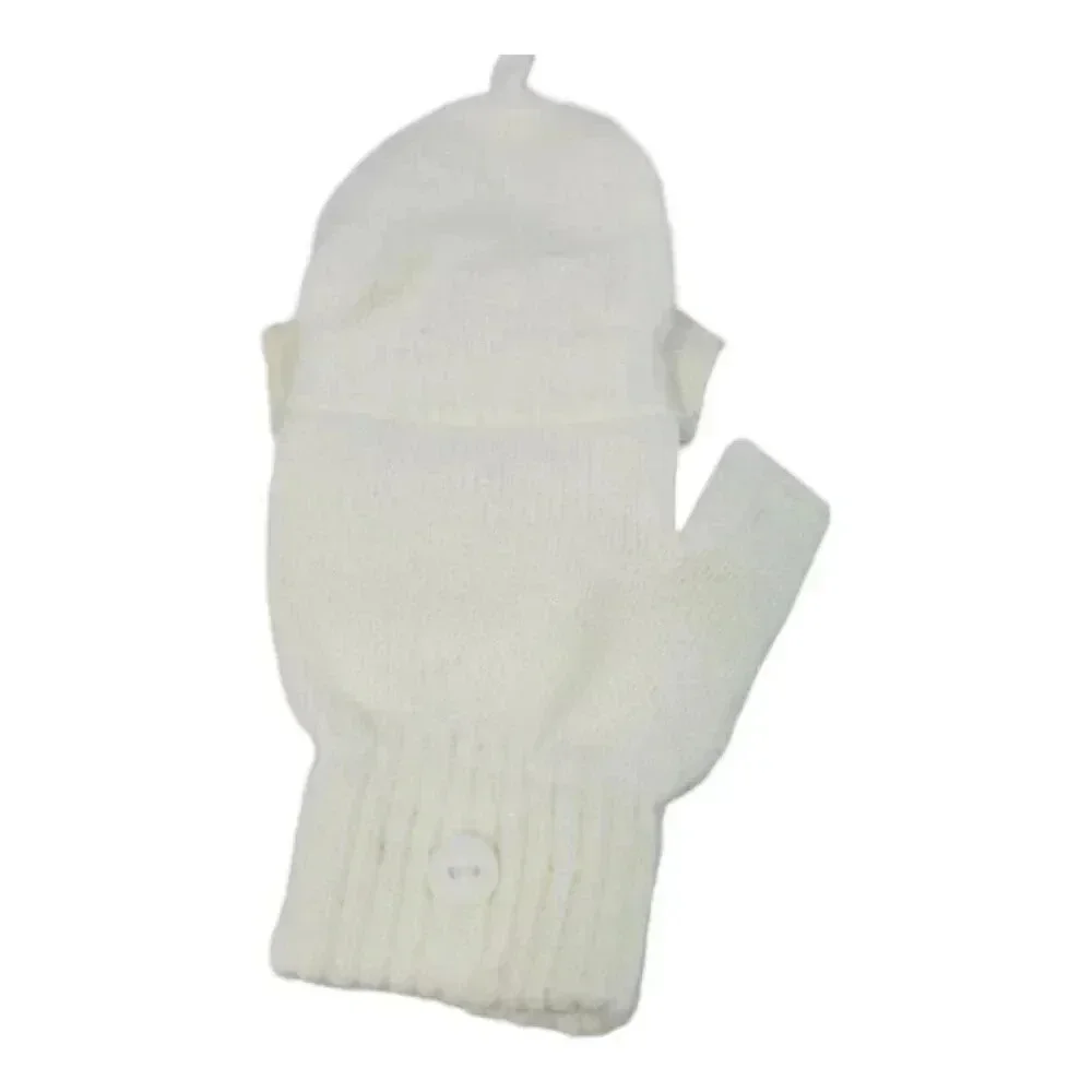 White Knit hat with Super Pom and Faux Pearl Accents Hat and Fingerles Glove set